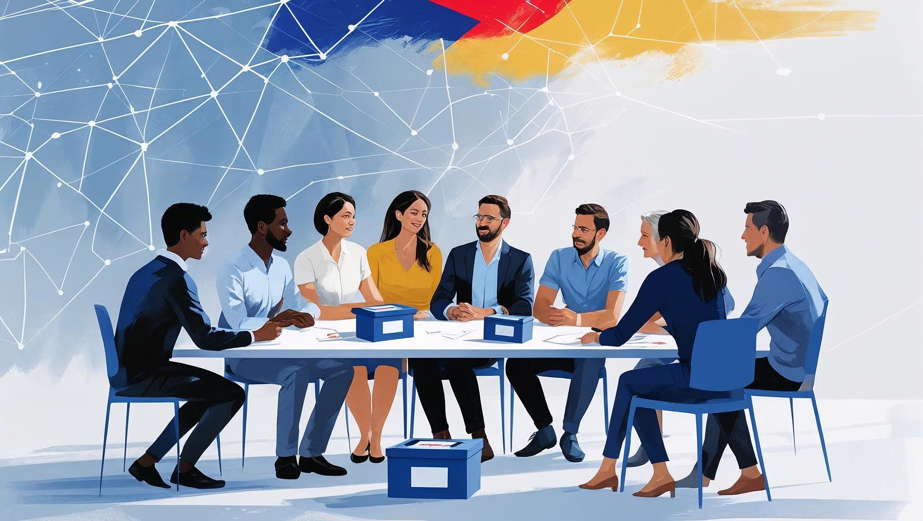 Modern and clean digital art showing people discussing or working together. Include symbols of voting like ballots or ballot boxes. Add digital network or web patterns to show technology and information. Use colors inspired by the Romanian flag (blue, yellow, red) subtly in the background. Keep it simple, professional, and minimal with mostly blue and white colors.