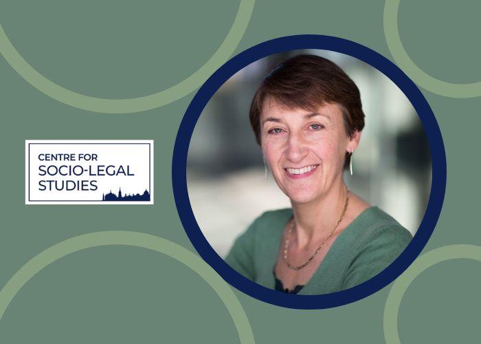 Professor Fernanda Pirie next to the Centre for Socio-Legal Studies Logo