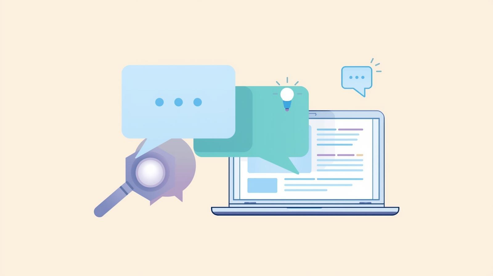 Minimal flat illustration with simple icons: overlapping speech bubbles, a magnifying glass, and a laptop screen, arranged in a clean composition. Soft pastel colours (blue, teal, purple) on a light background, symbolising problem-solving, discussion, and online collaboration. Modern, professional, minimalist, no text, suitable as a banner for an academic online seminar.
