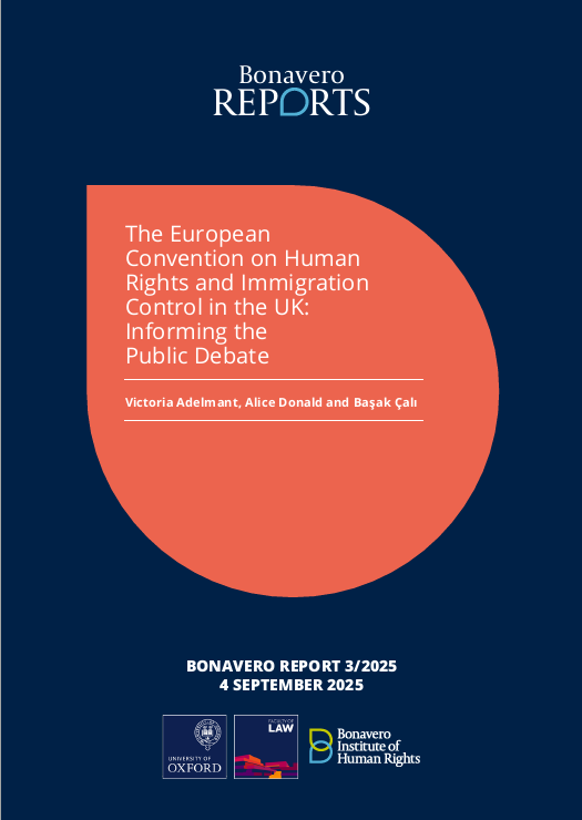 Dark blue background with orange tear drop shape containing text saying 'The European Convention on Human Rights and immigration control in the UK: Informing the public debate.
