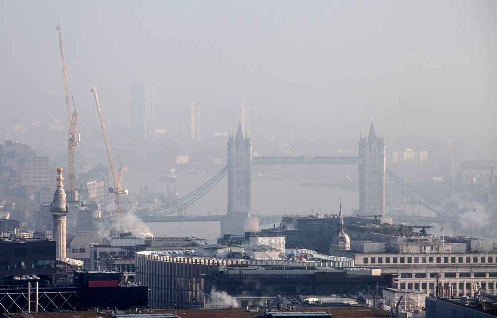 Image of hazy Tower Bridge in London, viewed from St Paul's Cathedral.