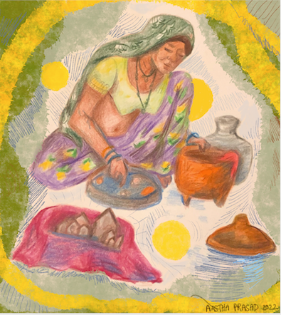 Artwork by Aastha Prasad. The drawing depicts a Dangi woman cleaning in preparation for the rituals to honour the Pedi Dev (a family deity that consists of small silver plaques symbolising individual ancestors).