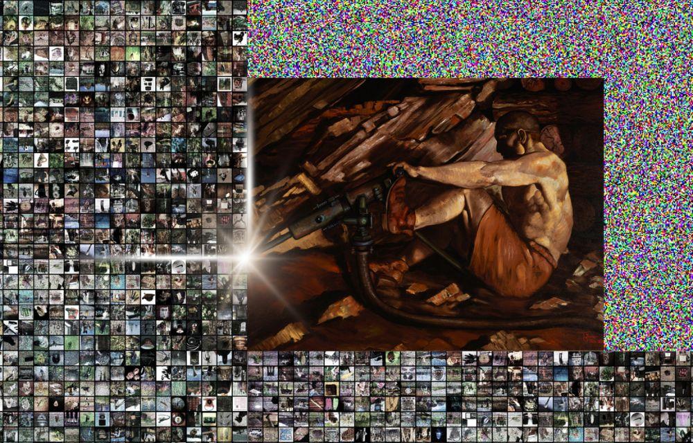 Conceptual image showing a miner scraping images from the internet to train an AI model.