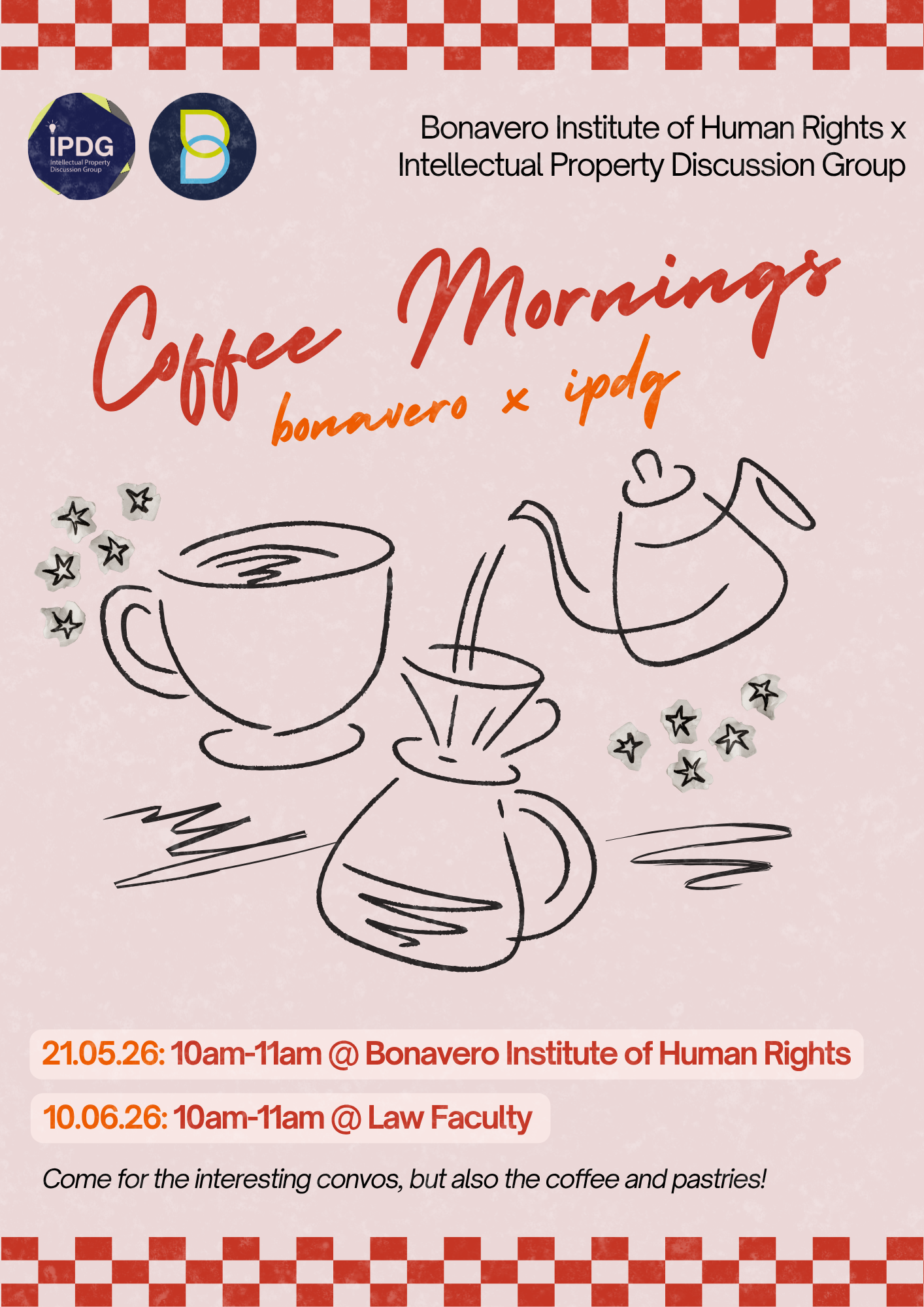 A poster advertising the coffee morning. It features a decorative image of a coffee mug in the centre. 