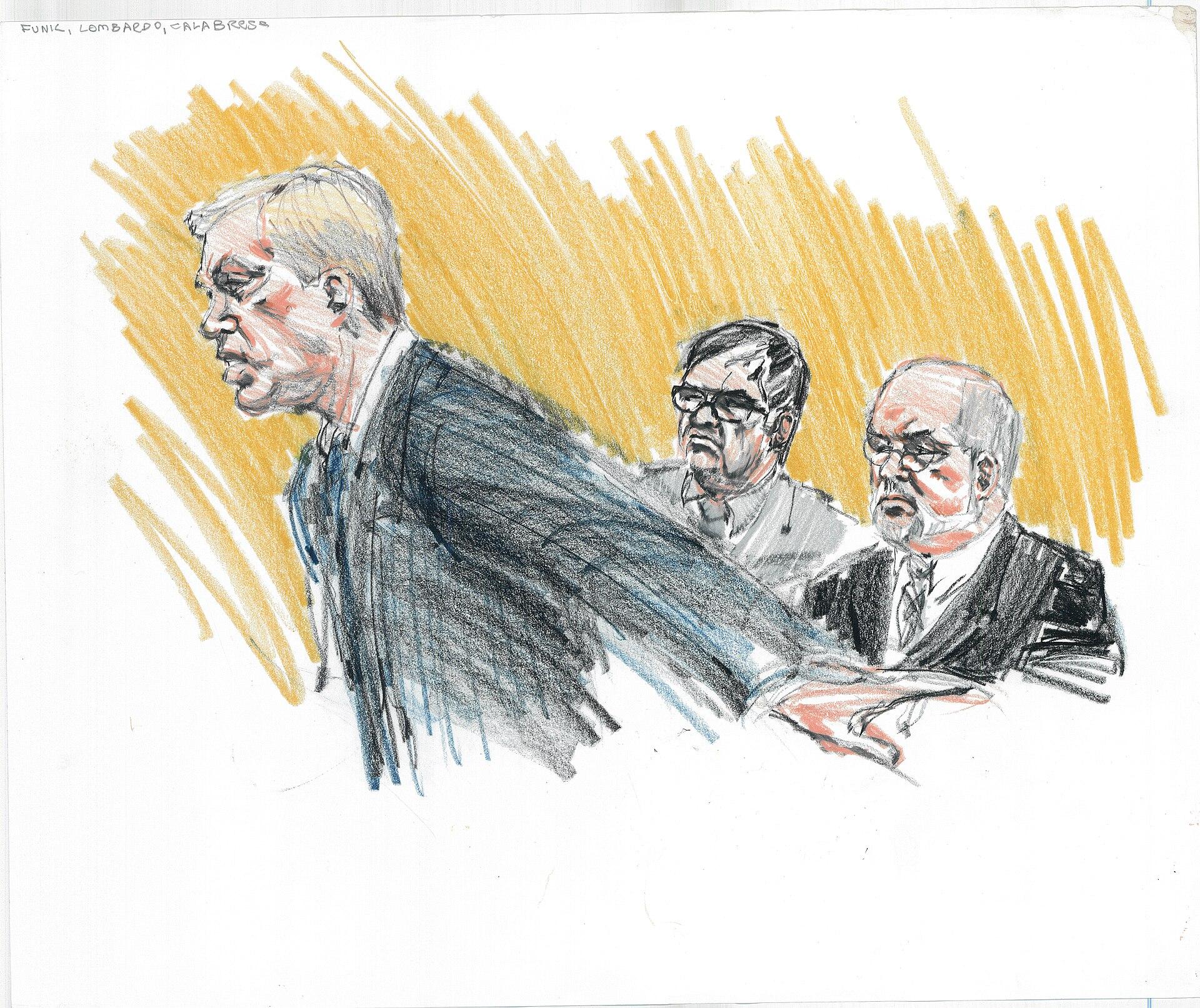 Courtroom Sketch (From left to right:  Markus, Joseph “The Clown” Lombardo, Frank “The Breeze” Calabrese)
